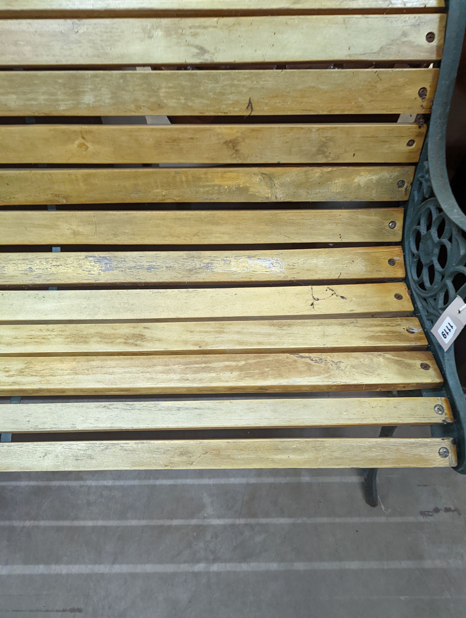 A Victorian style painted aluminium slatted garden bench, length 127cm, depth 60cm, height 70cm